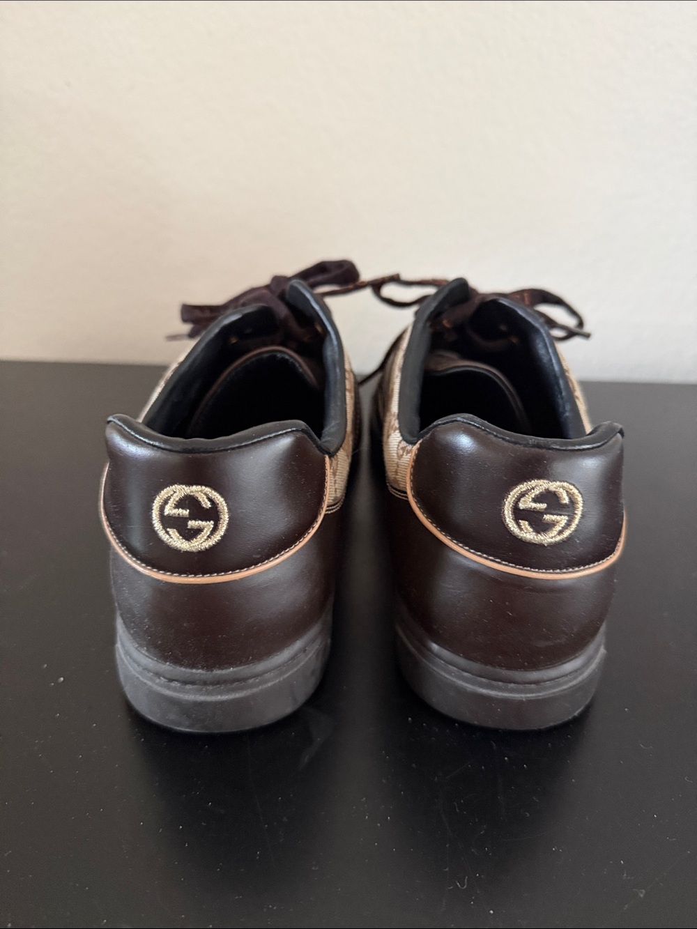 Gucci Men’s Brown & Beige GG Canvas Leather Sneakers with Web Stripe - Picture 3 of 3